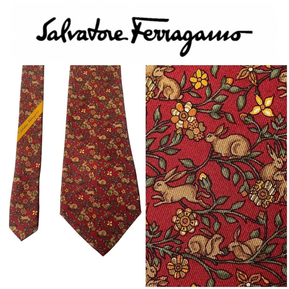 Salvatore Ferragamo 100% Silk Tie Bunny & Floral Novelty Print Made in Italy 57”